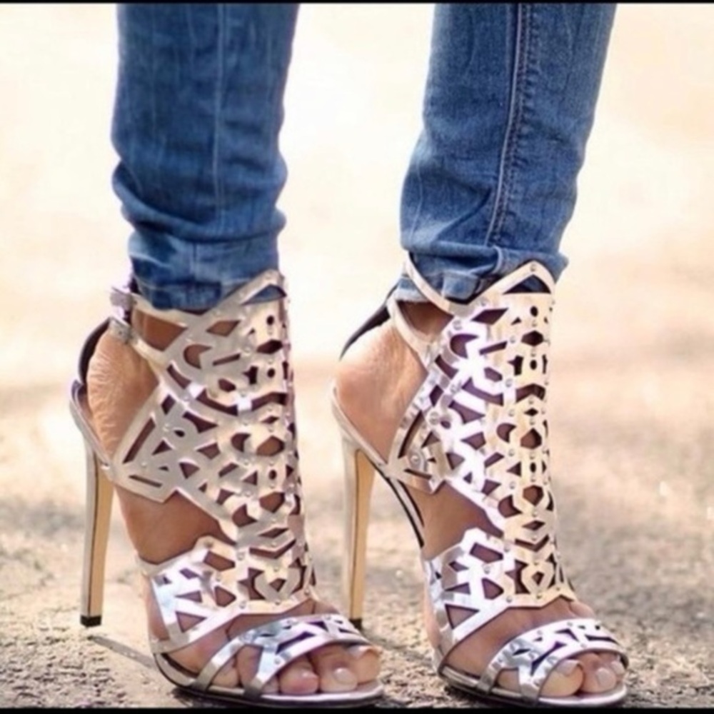 B Brian Atwood Laconica Mirrored Laser-Cut Cage Sandal, Silver size 10